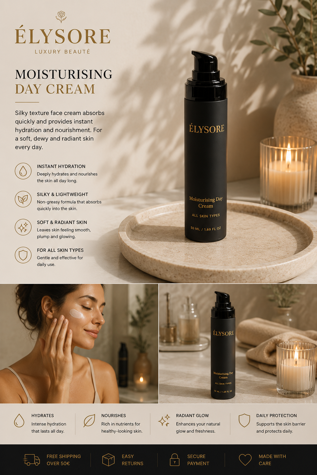 ÉLYSORE Hydrating Day Cream | Hyaluronic Acid Moisturiser for Plump & Radiant Skin
