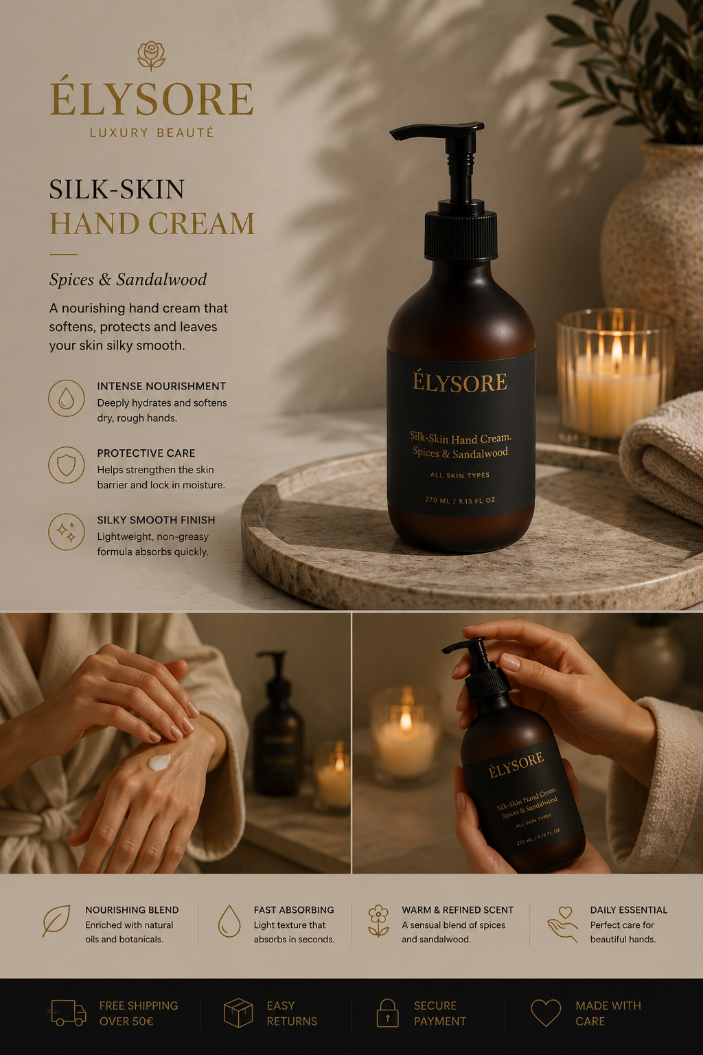 ÉLYSORE Silk Skin Hand Cream | Spices & Sandalwood Deep Hydration Care