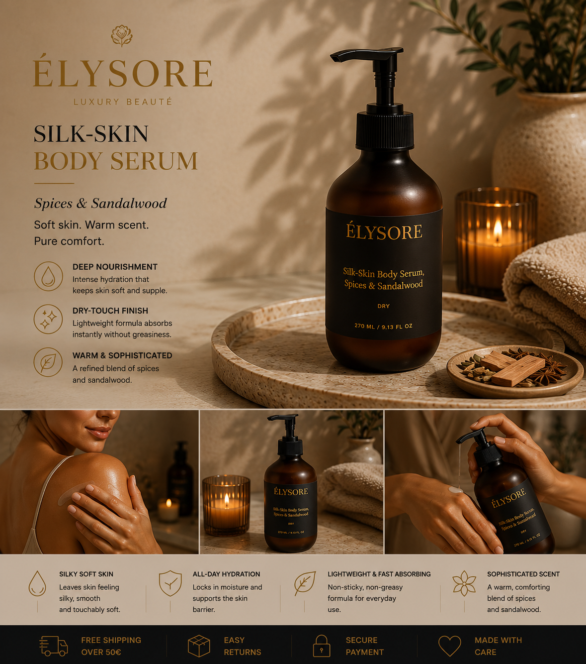 ÉLYSORE Silk Skin Body Serum | Spices & Sandalwood Hydrating Elixir