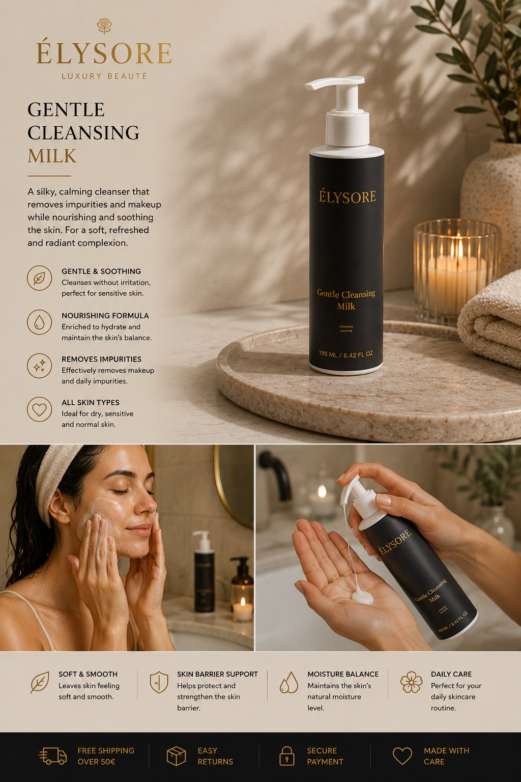 ÉLYSORE Gentle Cleansing Milk | Hydrating Face Cleanser for Soft, Balanced Skin