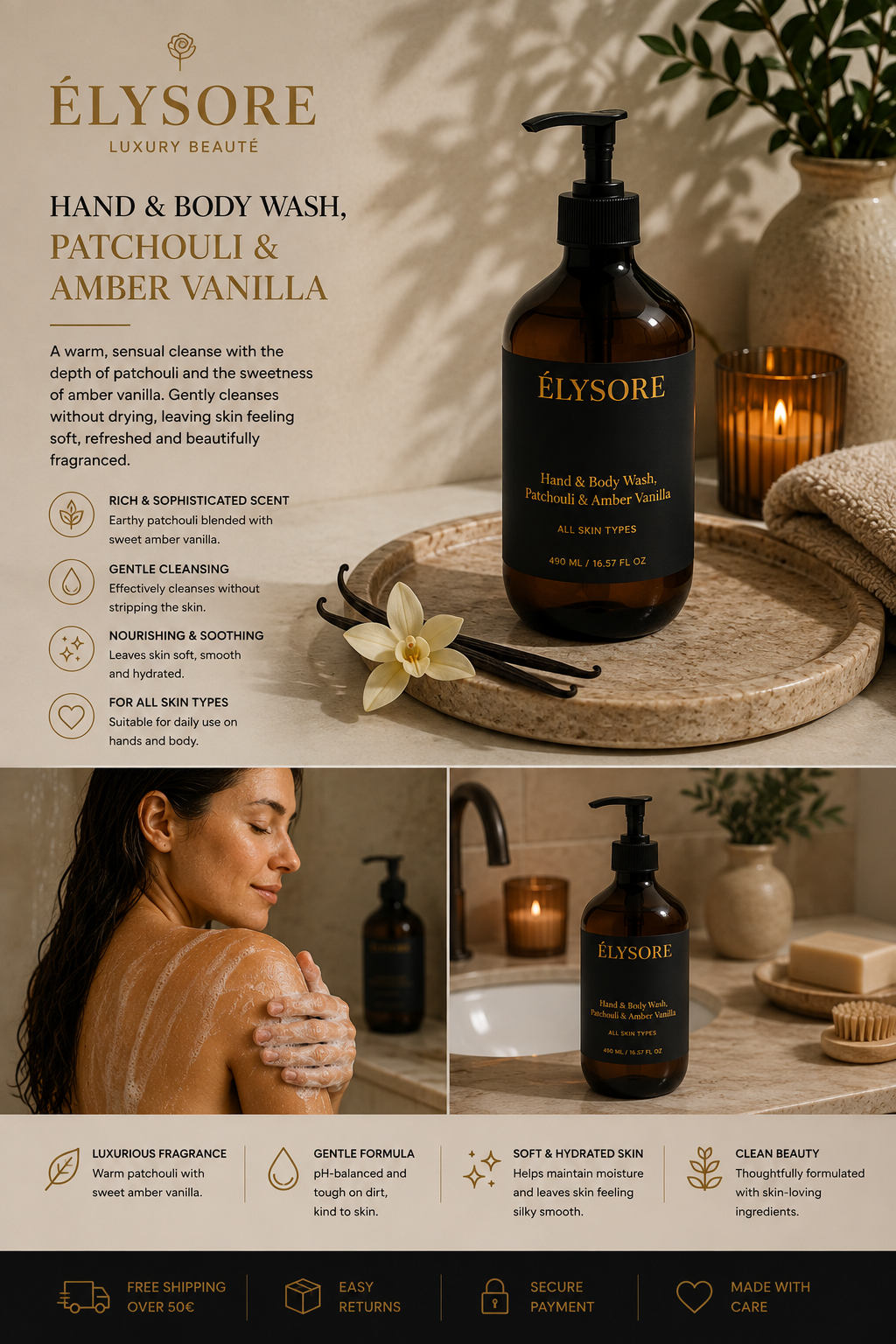 ÉLYSORE Luxury Hand & Body Wash | Patchouli & Amber Vanilla Hydrating Cleanser