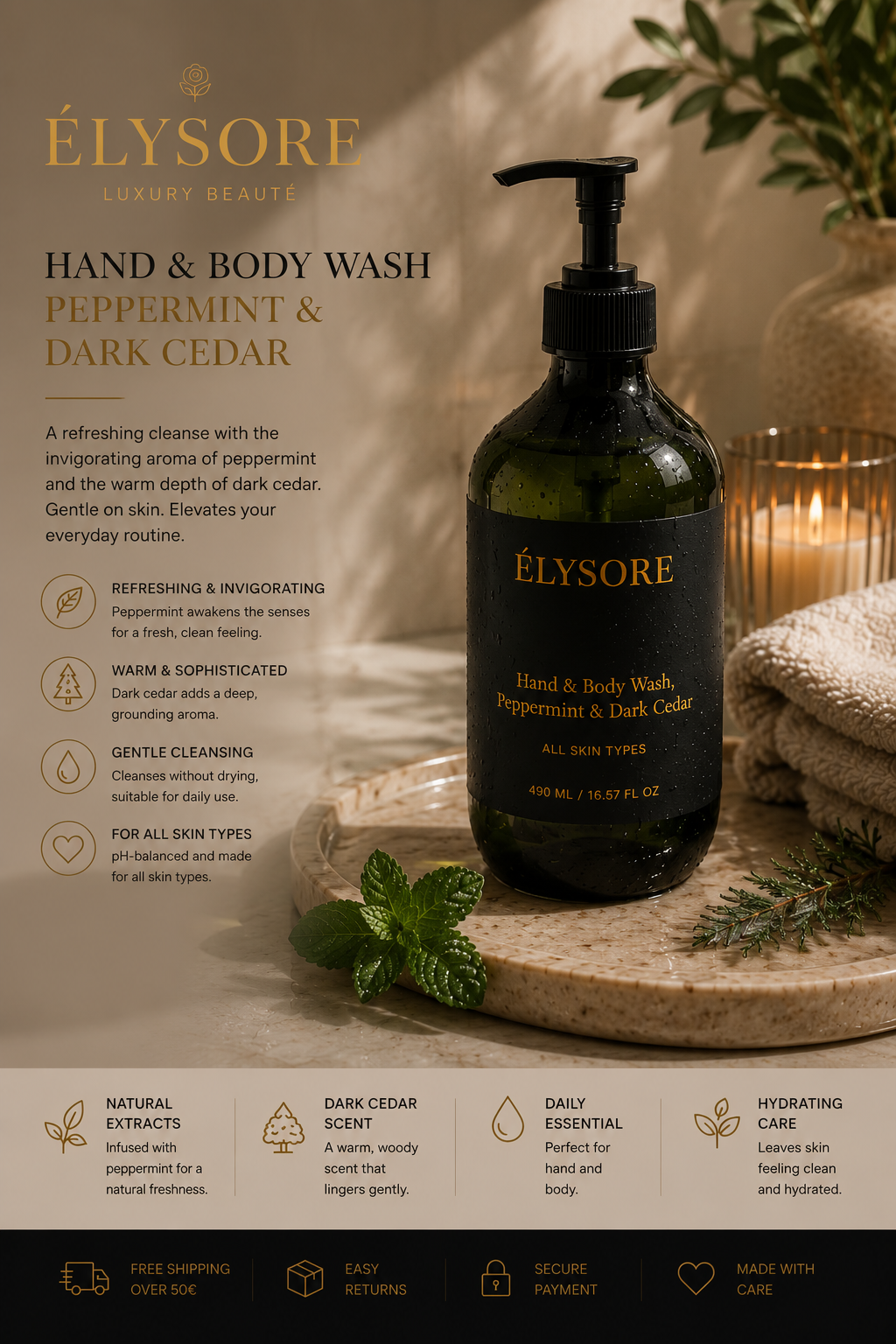 ÉLYSORE Refreshing Hand & Body Wash | Peppermint & Dark Cedar Hydrating Cleanser