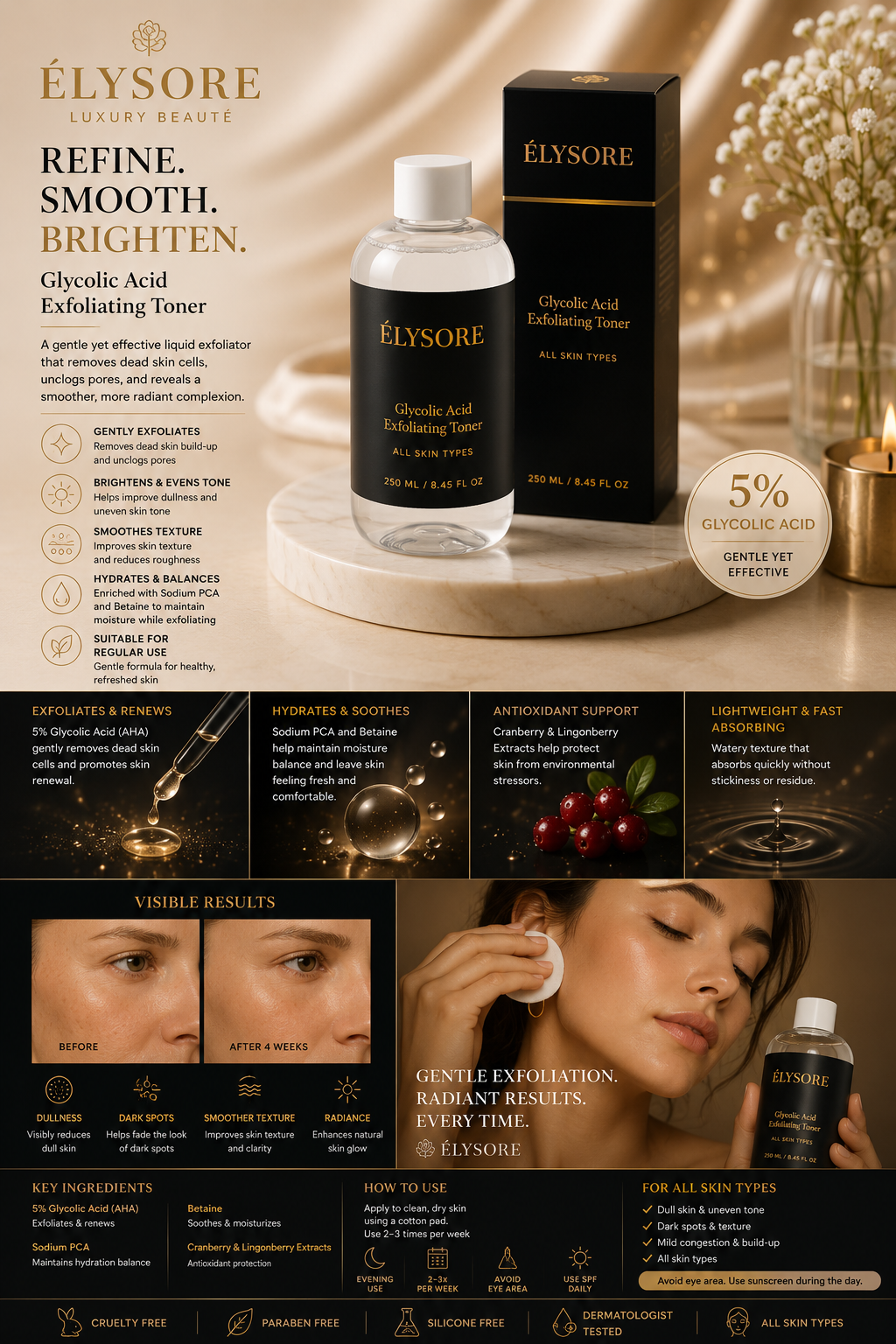 ÉLYSORE Glycolic Acid Exfoliating Toner | 5% AHA Brightening Solution