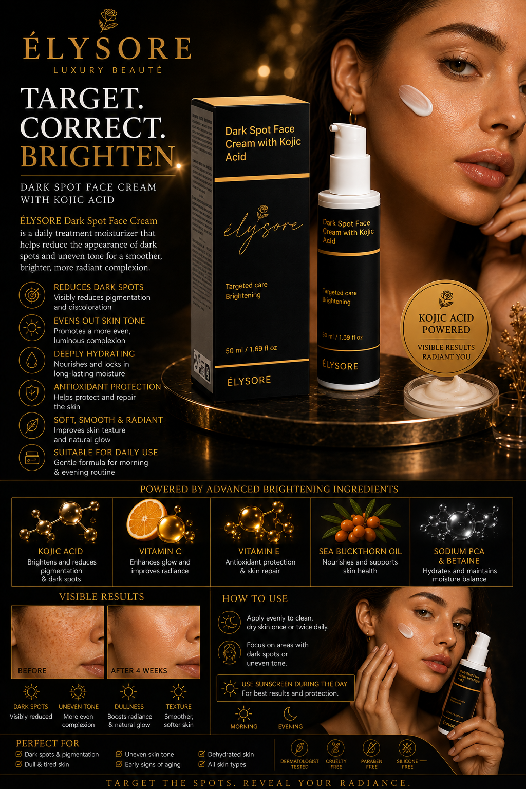 ÉLYSORE Dark Spot Face Cream | Kojic Acid Brightening Moisturizer