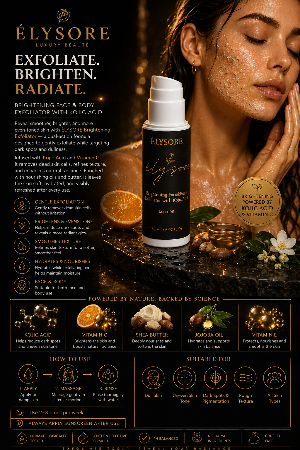 ÉLYSORE Brightening Exfoliator | Kojic Acid Face & Body Polish
